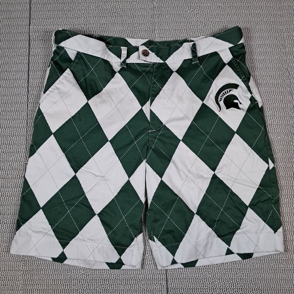 Loudmouth Golf Shorts Mens 36 Green White Argyle Michigan State Spartans MSU